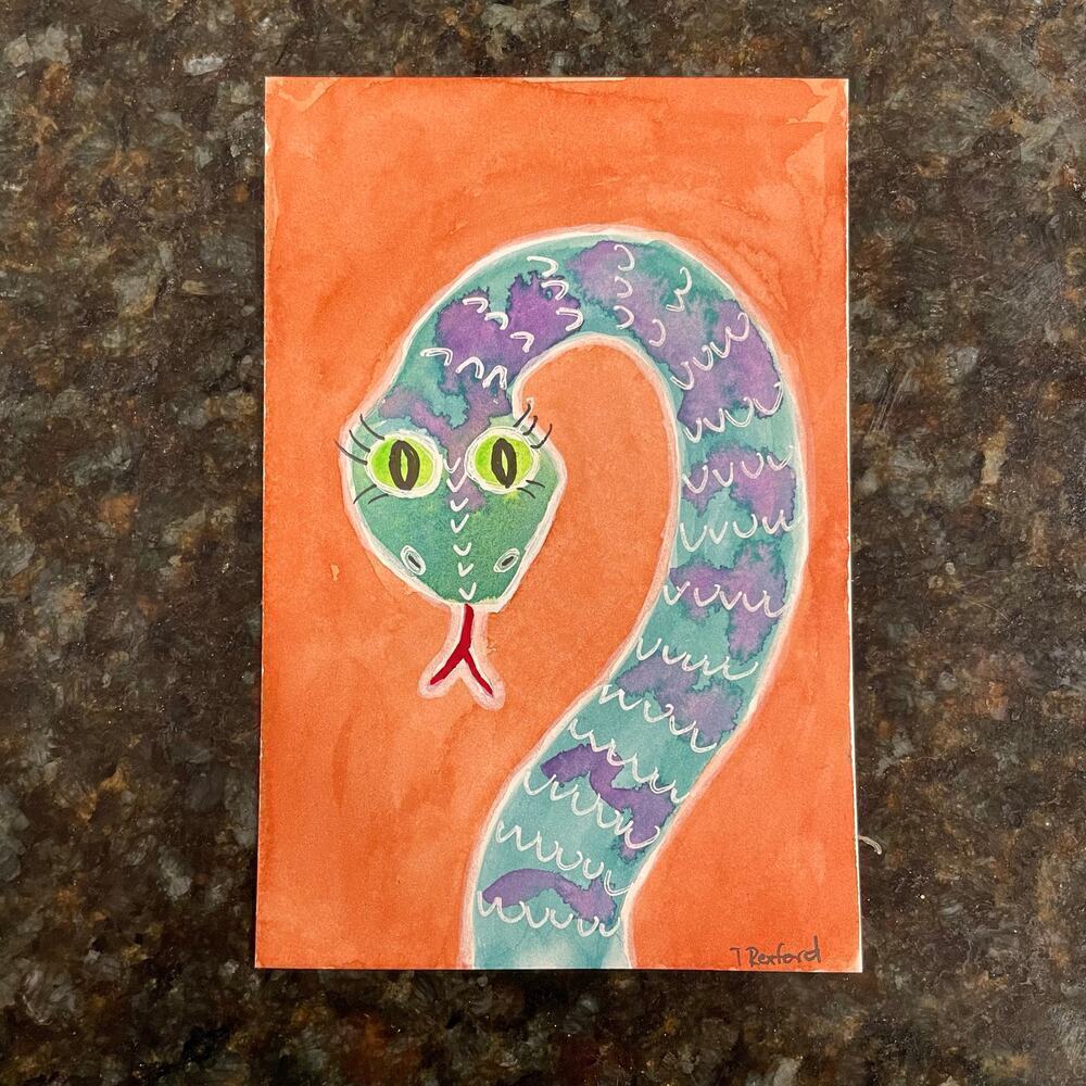 Handmade original watercolor painting whimsical snake 4x6”